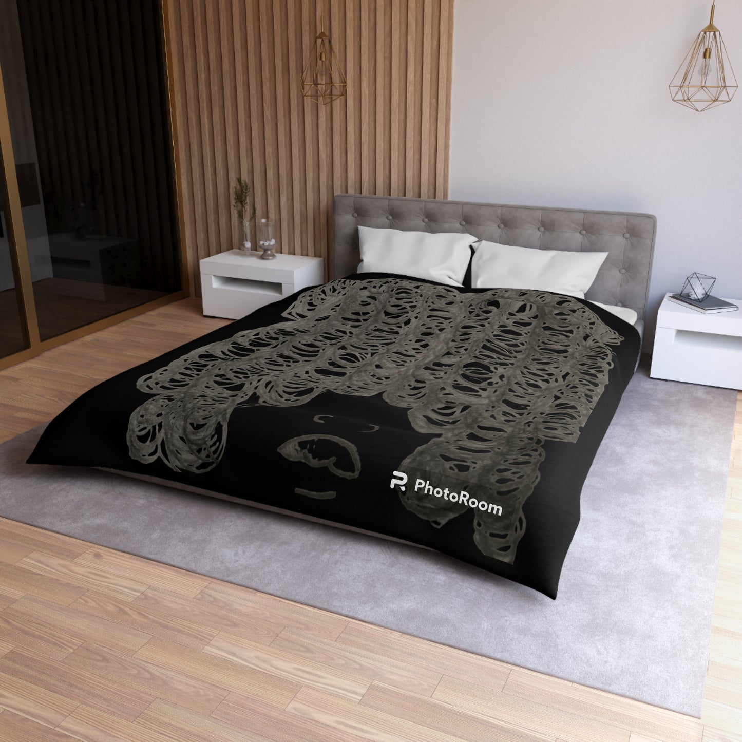 Duvet Cover — Hand-Drawn Curly Hair Portrait on Black