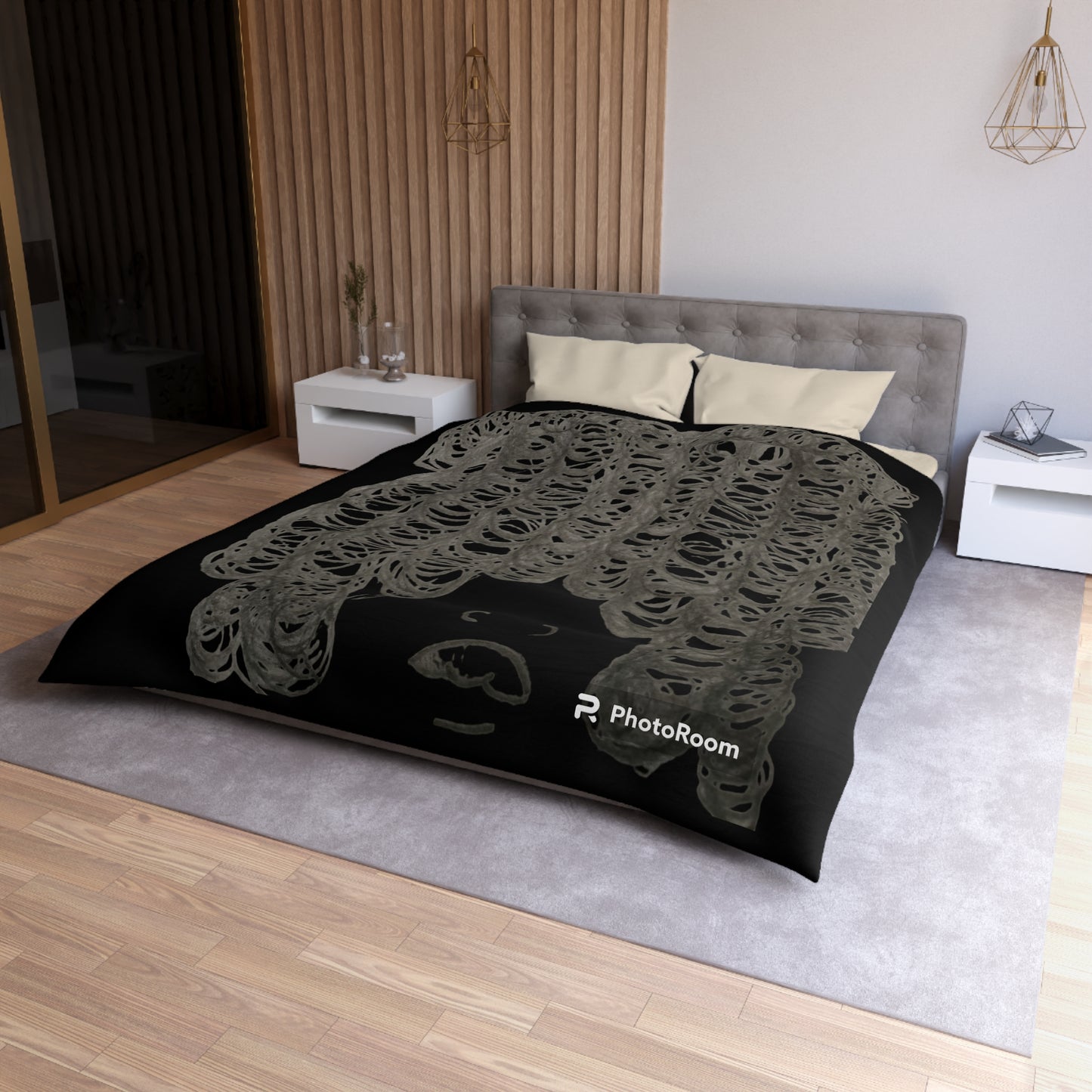 Duvet Cover — Hand-Drawn Curly Hair Portrait on Black